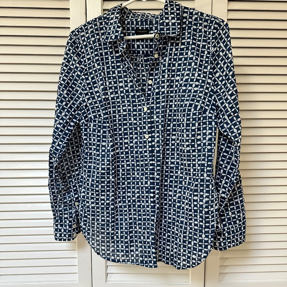 Talbot's Batik Print 100% Cotton Blouse Blue White Medium Generous Fit